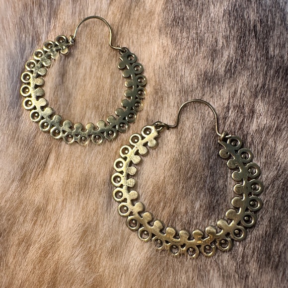 Solid Brass Indonesian Dangle Hoops - Picture 2 of 7